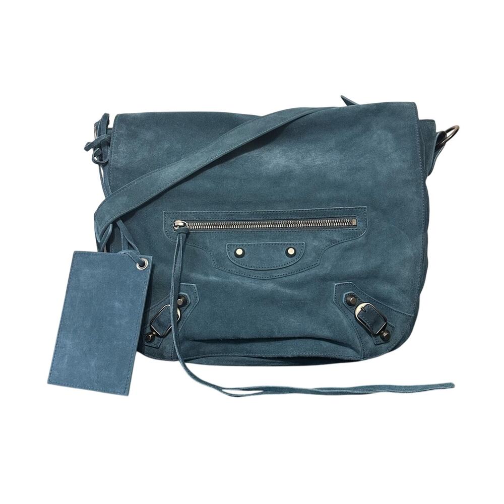 VTG Balenciaga Neo Folk Messenger Bag 2011 Turquoise Suede Crossbody Y2K Moto